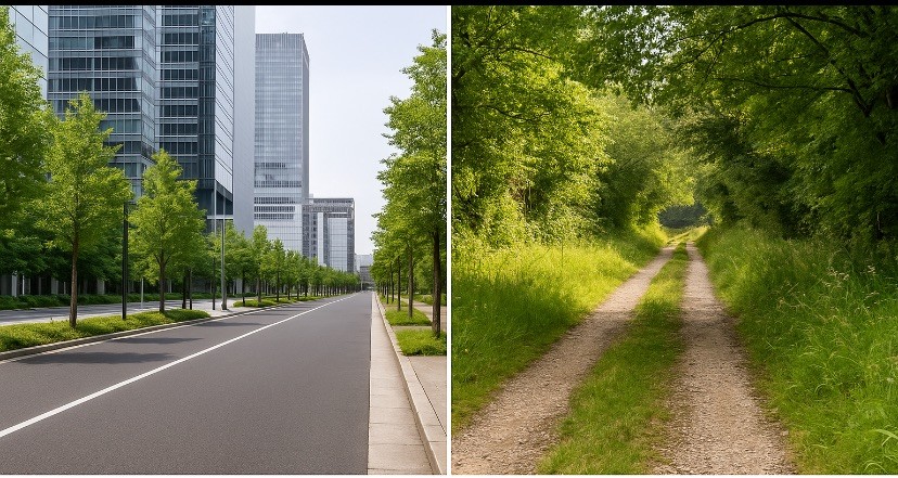 perro paseando por el campo o ciudad, opciones de paseo urbano y rural para perros que ofrece Kidukan, perro adoptado,